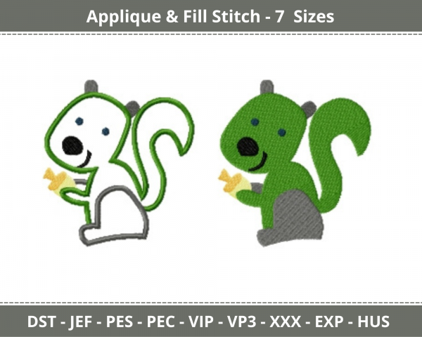 Baby Squirrel Applique & Fill Stitch Machine Embroidery Designs-7 Sizes-instant download