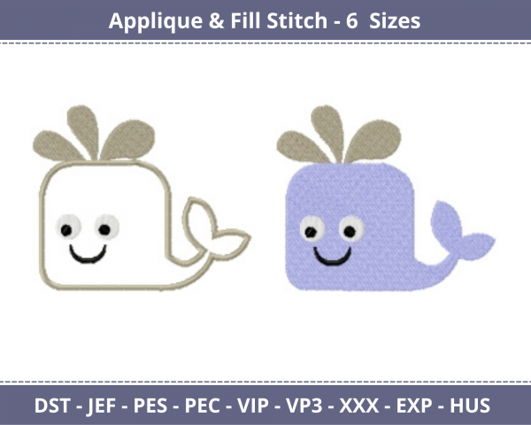 Baby Whale Applique & Fill Stitch Machine Embroidery Designs-6 Sizes-instant download