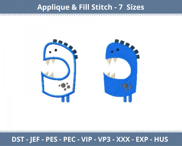 Blue Monster Applique & Fill Stitch Machine Embroidery Designs-7 Sizes-instant download