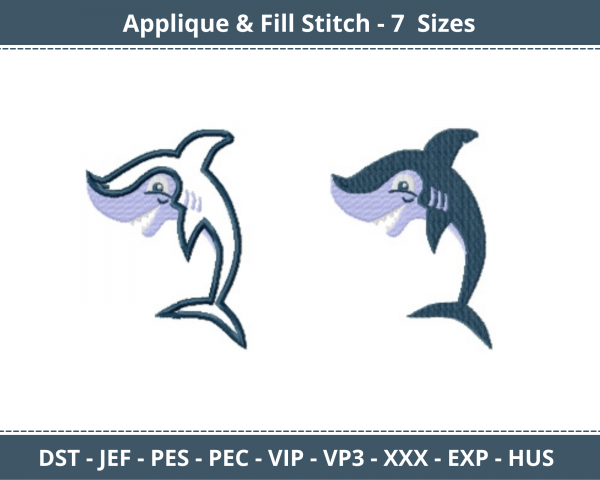 Blue Shark Applique & Fill Stitch Machine Embroidery Designs-7 Sizes-instant download