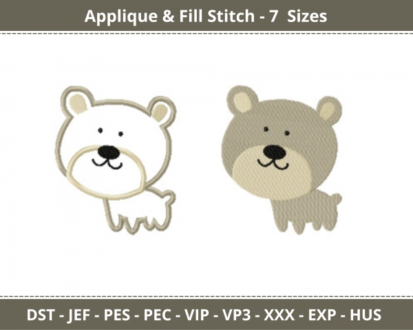 Brown Bear Applique & Fill Stitch Machine Embroidery Designs-7 Sizes-instant download