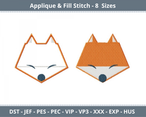 Fox Face Applique & Fill Stitch Machine Embroidery Designs-8 Sizes-instant download