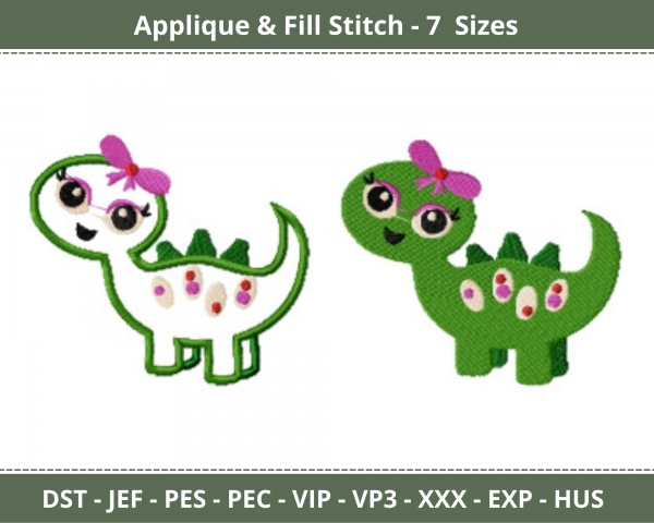 Girl Dino Applique & Fill Stitch Machine Embroidery Designs-7 Sizes-instant download
