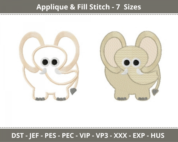 Gray Elephant Applique & Fill Stitch Machine Embroidery Designs-7 Sizes-instant download