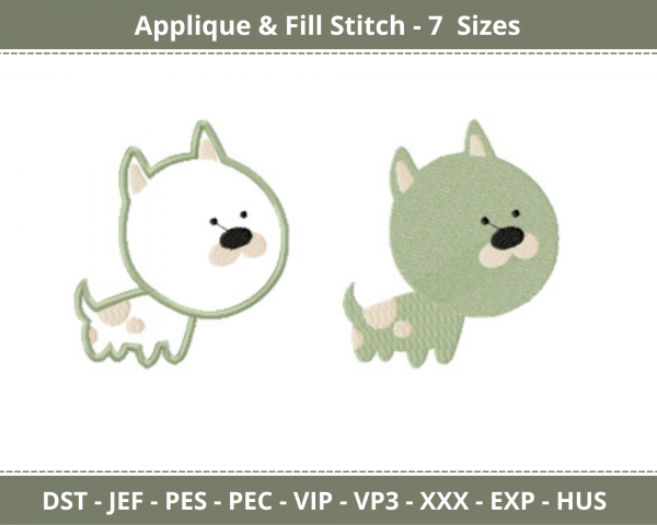 Green Puppy Applique & Fill Stitch Machine Embroidery Designs-7 Sizes-instant download