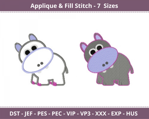 Baby Hippo Applique & Fill Stitch Machine Embroidery Designs-7 Sizes-instant download