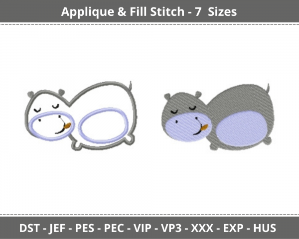 Lazy Hippo Applique & Fill Stitch Machine Embroidery Designs