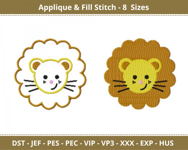 Lion Face Applique & Fill Stitch Machine Embroidery Designs-8 Sizes-instant download