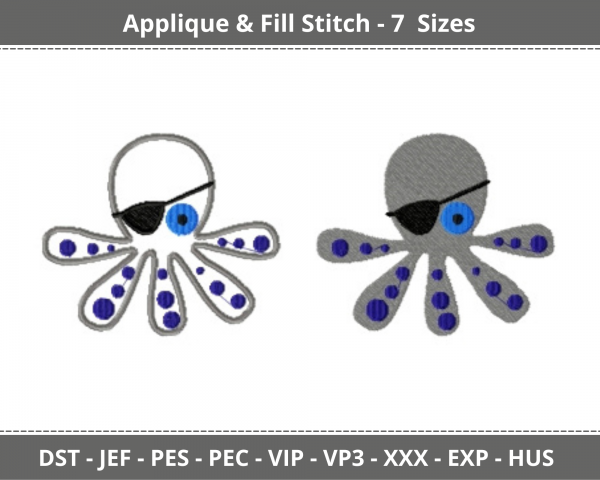 Octo Pirate Applique & Fill Stitch Machine Embroidery Designs-7 Sizes-instant download