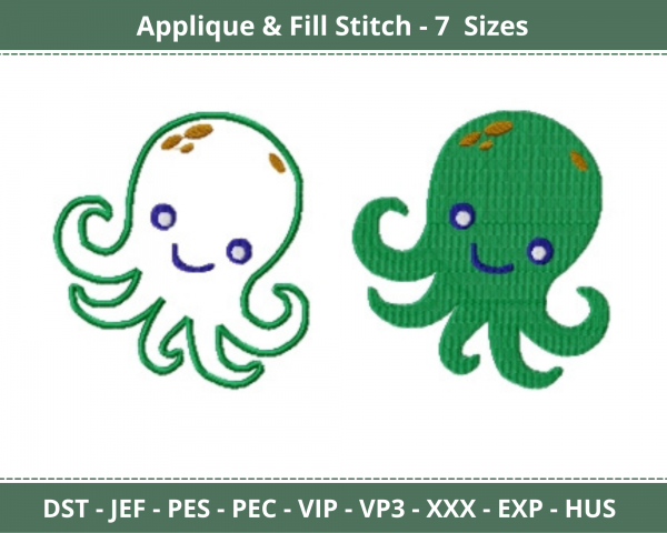 Octopus Applique & Fill Stitch Machine Embroidery Designs-7 Sizes-instant download