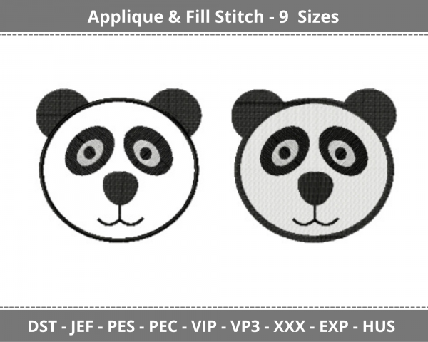 Panda Face Applique & Fill Stitch Machine Embroidery Designs-9 Sizes-instant download