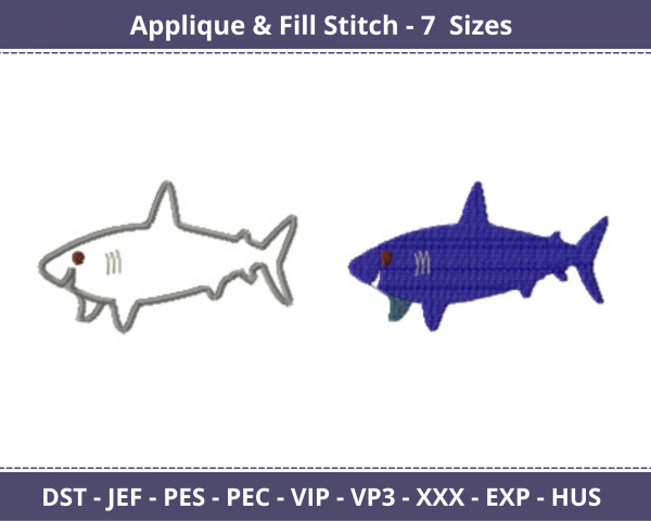 Shark Applique & Fill Stitch Machine Embroidery Designs-7 Sizes-instant download