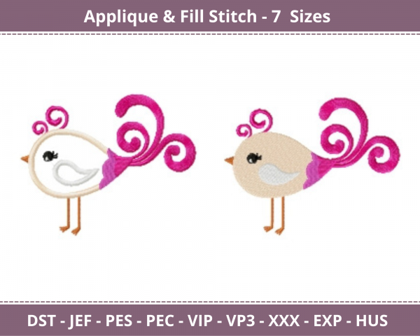 Creative Bird Applique & Fill Stitch Machine Embroidery Designs-7 Sizes-instant download
