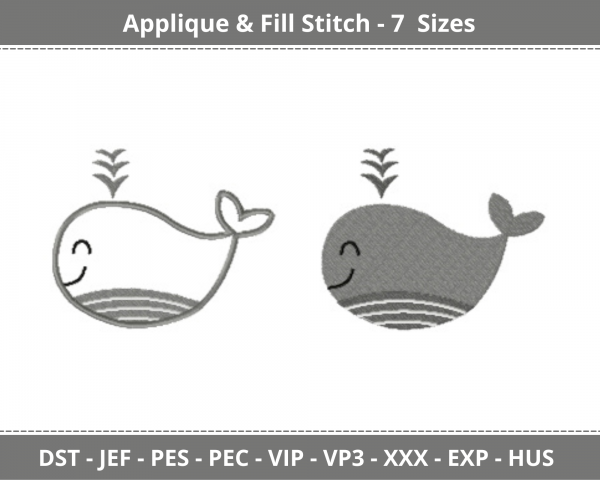 Whale Applique & Fill Stitch Machine Embroidery Designs-7 Sizes-instant download