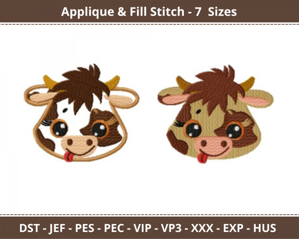 Farm Cow Face Applique & Fill Stitch Machine Embroidery Designs-7 Sizes-instant download