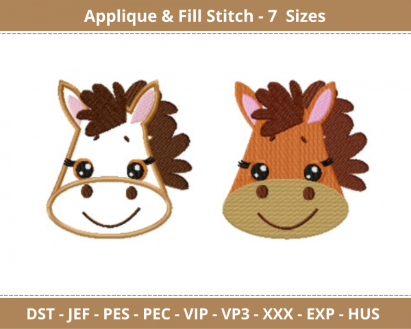 Farm Horse Face Applique & Fill Stitch Machine Embroidery Designs-7 Sizes-instant download