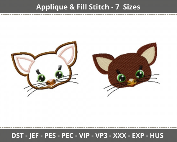 Kitty Face Applique & Fill Stitch Machine Embroidery Designs-7 Sizes-instant download