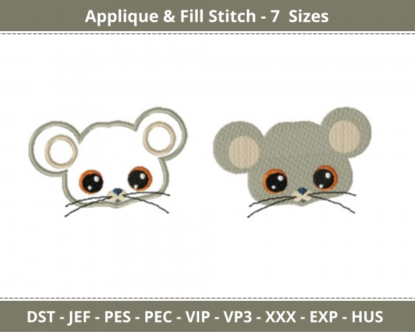 Mouse Face Applique & Fill Stitch Machine Embroidery Designs-7 Sizes-instant download