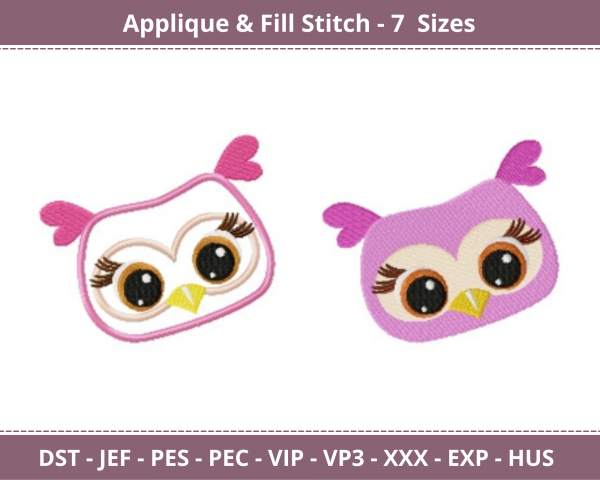 Owl Face Applique & Fill Stitch Machine Embroidery Designs-7 Sizes-instant download