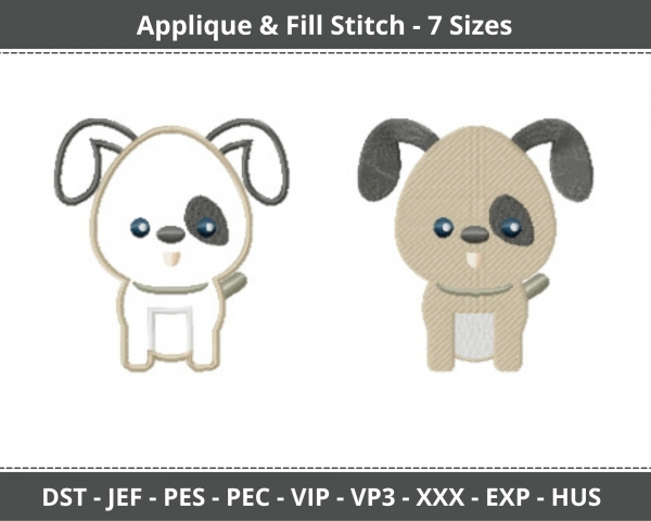 Cute Puppy Applique & Fill Stitch Machine Embroidery Designs-7 Sizes-instant download