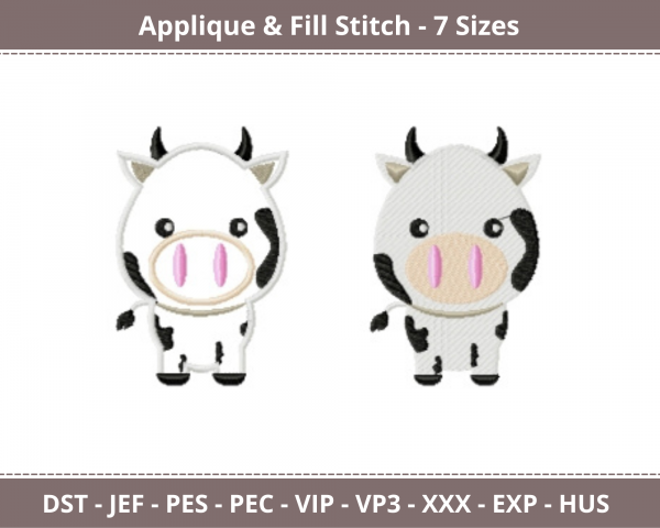 Cow Applique & Fill Stitch Machine Embroidery Designs-7 Sizes-instant download