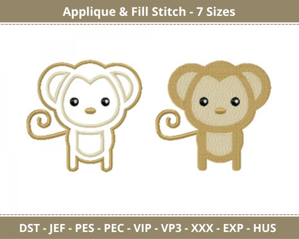 Baby Monkey Applique & Fill Stitch Machine Embroidery Designs-7 Sizes-instant download