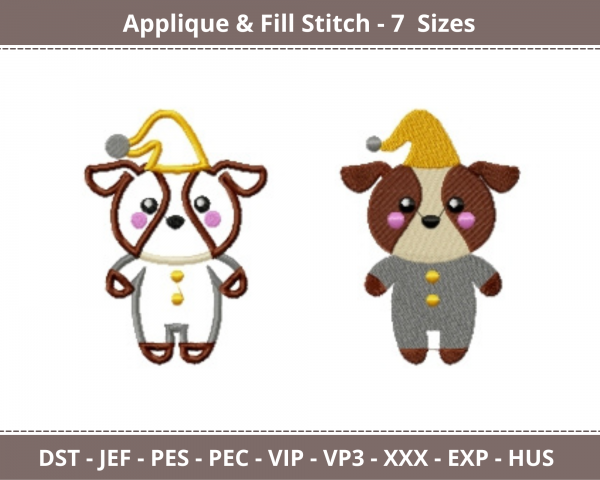 Cute Pajama Dog Applique & Fill Stitch Machine Embroidery Designs
