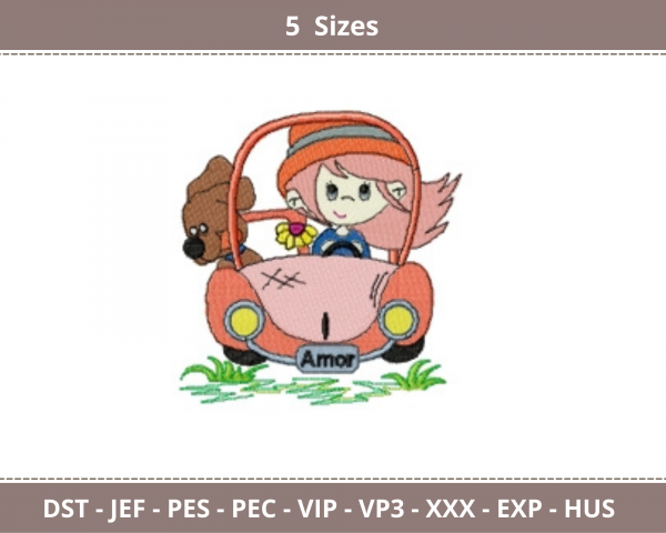 Girl Riding Car Cartoon Machine Embroidery Designs-5 Sizes-instant download