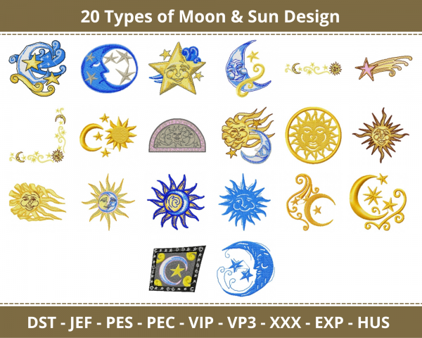 Moon & Sun Machine Embroidery Designs-20 Types-1 Size-instant download