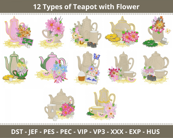 Teapot With Flower Machine Embroidery Designs