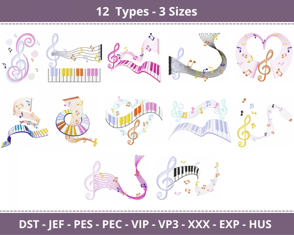 Music Notes Machine Embroidery Designs-3 Sizes-12 Types-instant download