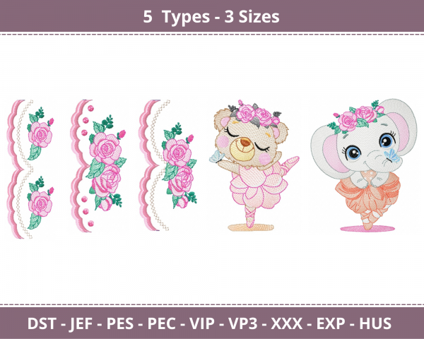 Cute Animal and Flower Border Machine Embroidery Designs-3 Sizes-5 Types-instant download