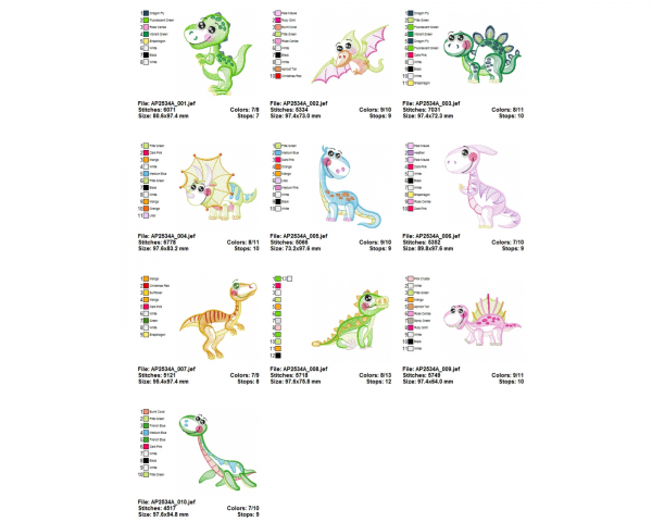 Dinosaur Machine Embroidery Designs-3 Sizes-10 Types-instant download