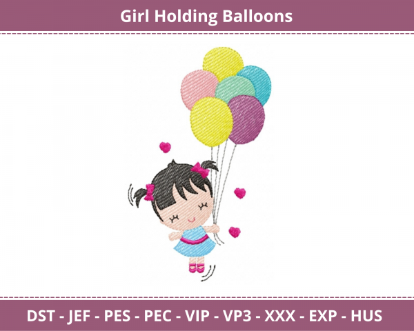 Girl Holding Balloon Machine Embroidery Designs