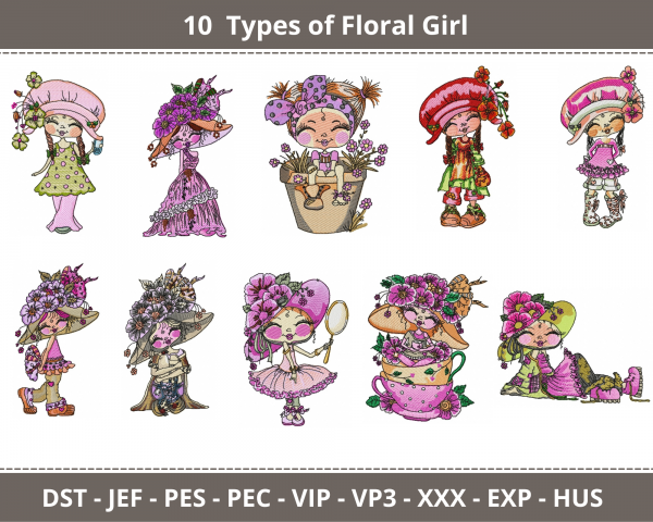 Floral Girl Machine Embroidery Designs-1 Size-10 Types-instant download