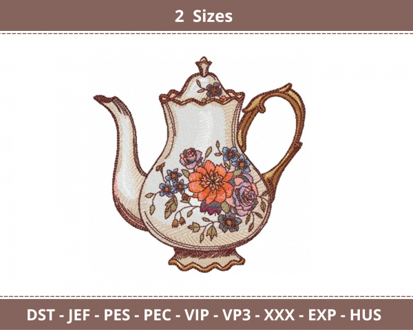 Floral Teapot Machine Embroidery Designs-2 Sizes-instant download