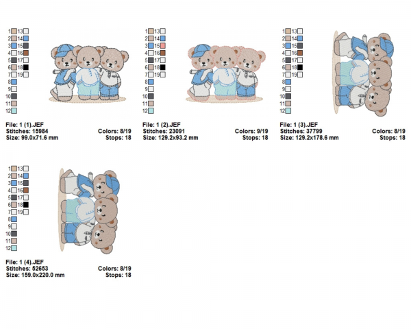 Teddy Trio Machine Embroidery Designs-4 Sizes-instant download