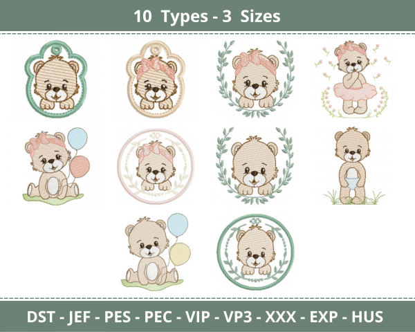 Cute Teddy Machine Embroidery Designs-3 Sizes-10 Types-instant download
