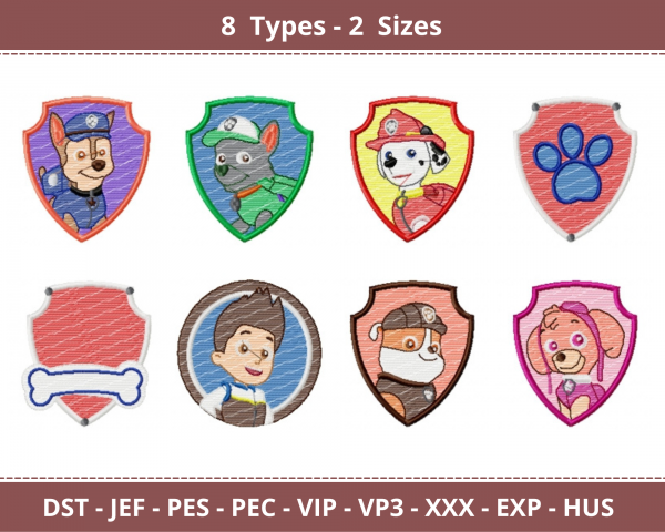 Paw Patrol Cartoon Machine Embroidery Designs-2 Sizes-8 Types-instant download