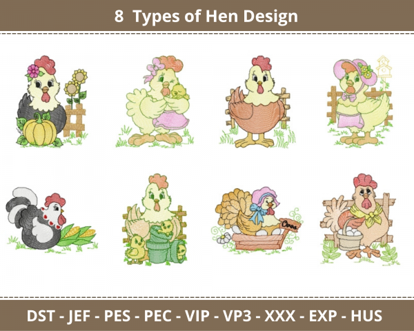 Hen Machine Embroidery Designs-1 Size-8 Types-instant download