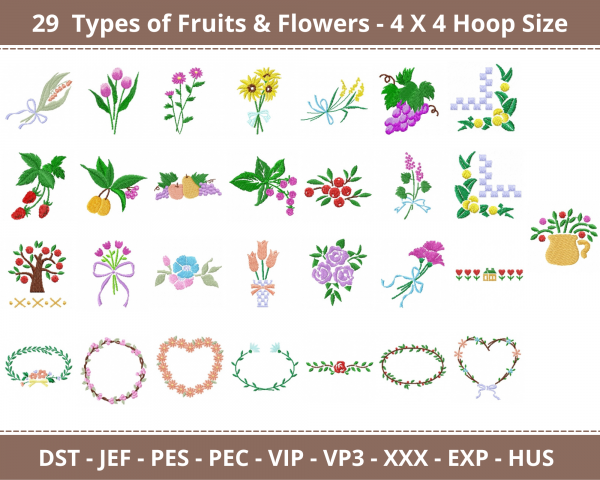 Fruits & Flowers Machine Embroidery Designs-1 Size-29 Types-instant download