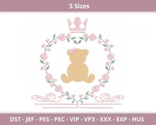 Crown & Floral Teddy Bear Machine Embroidery Designs-5 Sizes-instant download
