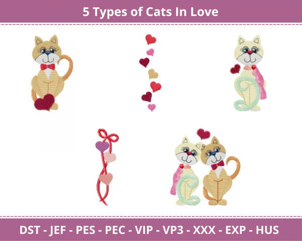 Cats In Love Machine Embroidery Designs-5 Types-1 Size-instant download