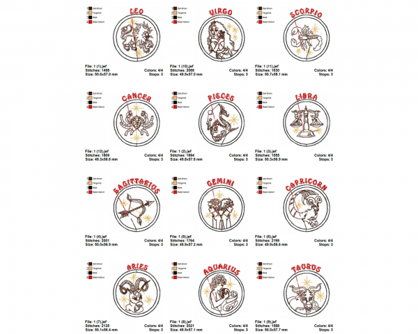 Zodiac Machine Embroidery Designs-12 Types-1 Size-instant download