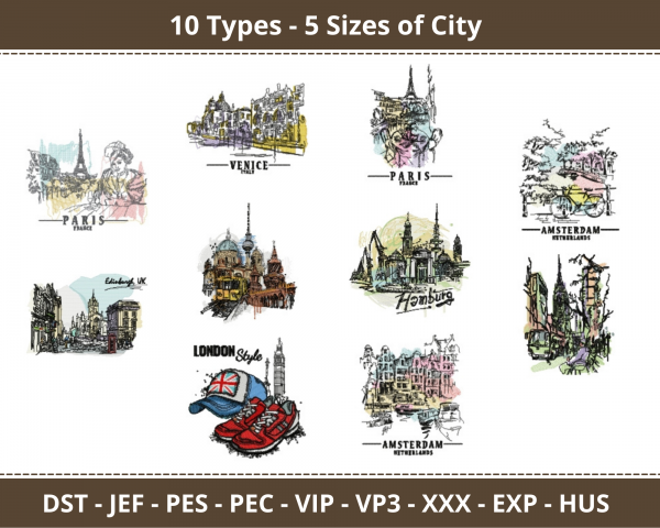 City Machine Embroidery Designs-10 Types-5 Sizes-instant download