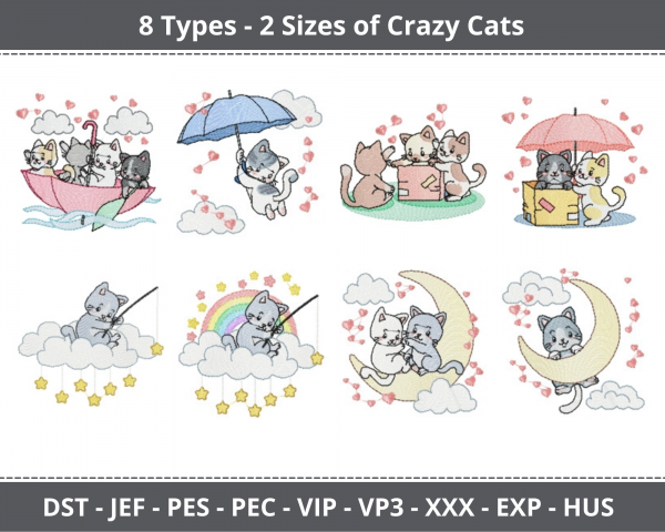Crazy Cats Machine Embroidery Designs-8 Types-2 Sizes-instant download