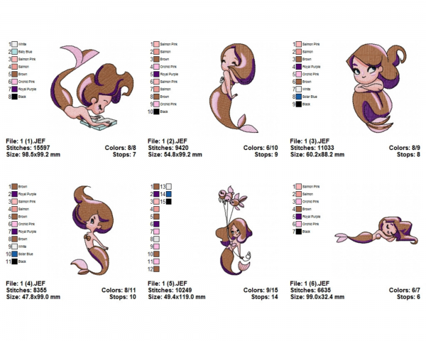 Little Mermaid Girl Machine Embroidery Designs-6 Types-1 Size-instant download