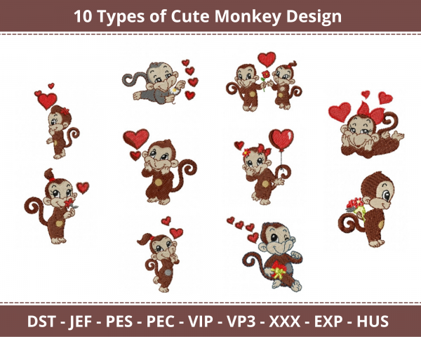 Cute Monkey Machine Embroidery Designs-10 Types-1 Size-instant download