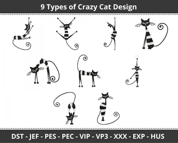 Crazy Cats Machine Embroidery Designs-9 Types-1 Size-instant download