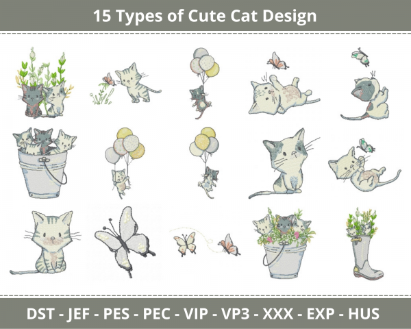 Cute Cat Machine Embroidery Designs-15 Types-1 Size-instant download